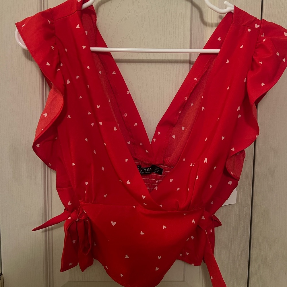 Red Ruffled V-Neck Top - Picture 3 of 4